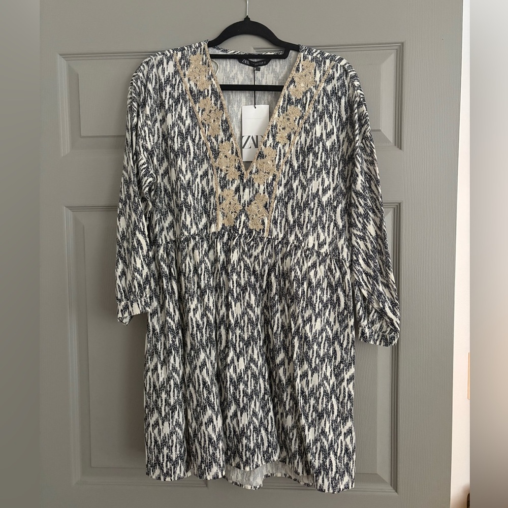 Zara Patterned Blue and White Dress